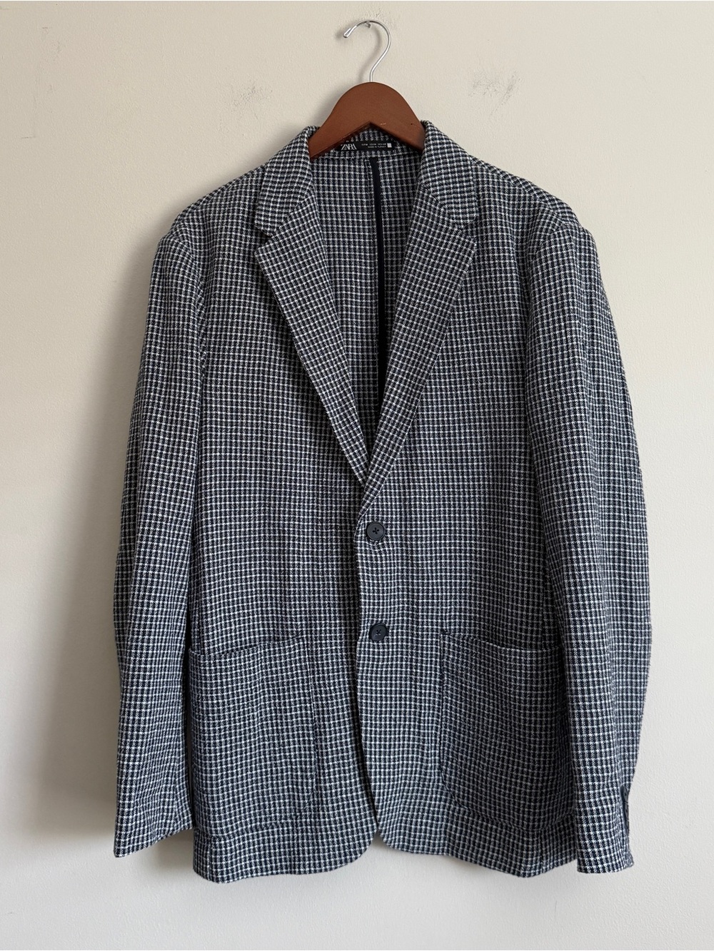 ZARA Textured Relaxed Fit Blazer Sport Men’s M Navy Plaid Old Money Cotton Luxe